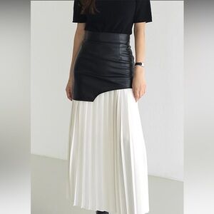 Asymmetric Patchwork Faux Leather Chiffon Pleated Midi Skirt